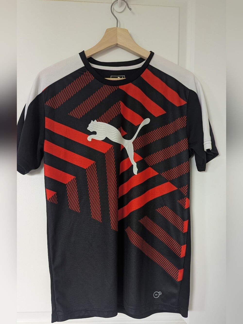 Puma Black Shirt with Bold Red Geometric Stripes and White Logo Men's Size S